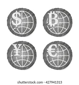 Crumpled slip of papers and a different currency icons