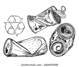 The crumpled soda can sketch. Crushed tin cans. Set. Vector illustration. 