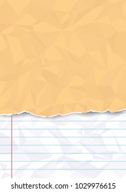 crumpled soft orange paper with torn edges on crumpled note paper with blend shadow, vector background