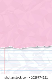 crumpled soft pink paper with torn edges on crumpled note paper with blend shadow, vector background
