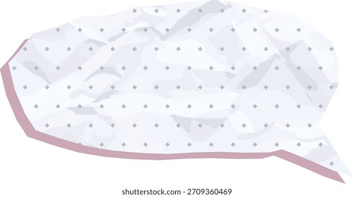 Burbuja de discurso arrugado con pliegues suaves y pequeño patrón de diamante en sombreado plano. Forma de chat arrugado que muestra pliegues de papel y sutil rejilla de puntos, contorno limpio. Ilustración vectorial de dibujos animados