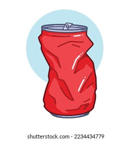 Crumpled steel red tin can vector illustration with clean outline isolated on white and blue background. Pictogram drawing with cartoon simple flat art style.