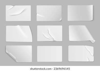 Crumpled sticker mega set in 3d realistic design. Bundle elements of white glued paper or plastic label mockup with empty text spaces and wrinkled effect. Vector illustration isolated graphic objects