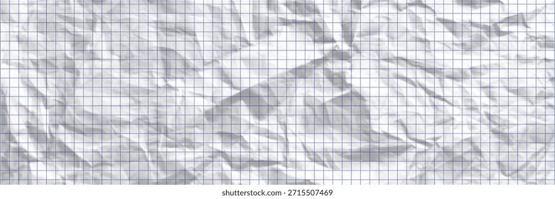 Textura arrugada de la hoja de cuaderno de papel a cuadros azul en blanco blanco con rejilla, efecto de pliegue