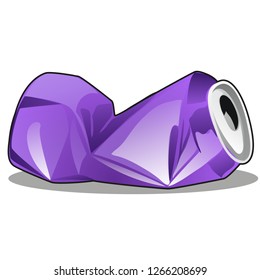 Crumpled tin can purple color isolated on white background. Vector cartoon close-up illustration.