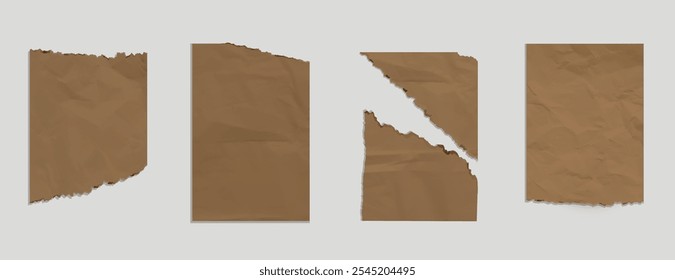 Crumpled torn brown kraft paper with rough cut off edges for scrapbook or writing message. Realistic 3d vector set of blank wrinkled ripped craft sketchbook or newspaper notepaper page mockup.