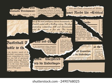 Crumpled torn paper. Jagged edges. Collage. Frame and textbox. Concept  scraps background, newspaper fragments and tape. Trendy design elements. Template. Set and collection. Old sheets. Breaking news