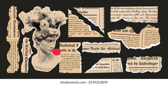 Crumpled torn paper. Jagged edges. Collage. Frame. Textbox. Concept from scraps background, newspaper fragments and tape. Trendy elements. Greek in halftone. Set, collection. Old sheets. Breaking news