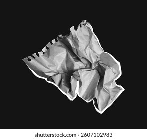 Crumpled torn paper sheet with jagged notebook edge, stylized in grayscale graphic style, isolated on a solid black background. Concept of waste or mistake. Vector illustration