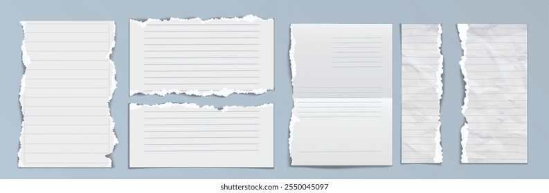 Folhas de papel amassadas e rasgadas são colocadas isoladas no plano de fundo. Ilustração realista de vetor páginas em branco de notebook com bordas rasgadas irregulares, pedaço de documento ou carta enrugado danificado, papel de carta gasto