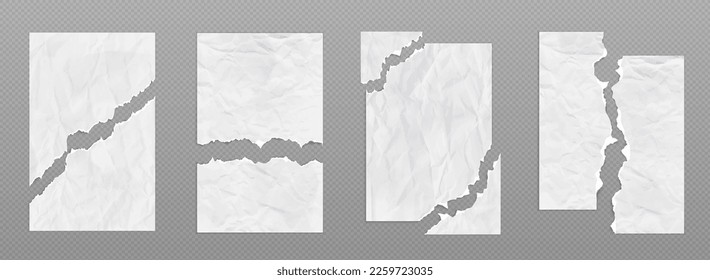 Crumpled torn paper sheets with uneven edges. Ragged blank pages with wrinkles and ripped borders, empty white notepad pieces isolated on transparent background, Realistic 3d vector illustration, set - Shutterstock ID 2259723035