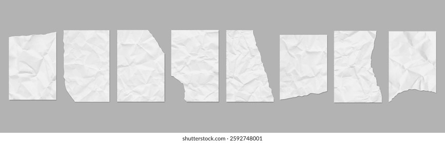 Crumpled torn pieces of paper sheets. Vector realistic set of  blank notebook pages creased, wrinkled texture. creased or wrinkled texture. Vintage worn damaged wrinkled piece of notebooks