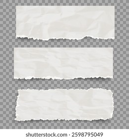 Crumpled torn pieces of paper. Vector realistic paper creased, wrinkled texture, creased or wrinkled texture. Vintage worn damaged wrinkled piece