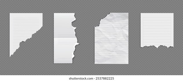 Crumpled torn white school lined notebook paper with rough cut off edges for scrapbook or writing message. Realistic 3d vector set of blank wrinkled ripped notepaper page mockup with rule lines.