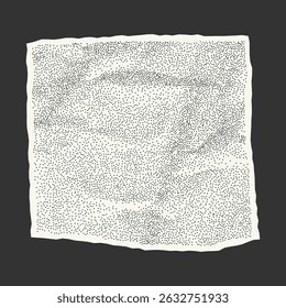 Rectángulo desigual arrugado de papel rasgado. Elemento con textura de cuaderno, bordes irregulares y estilo de semitono arenoso punteado.