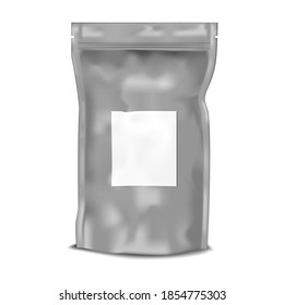 Crumpled Vacuum Standup Ziplock Pouch With White Blank Label Sticker, Vector Mockup. Foil Or Plastic Gussetted Bag With Zip Lock Closure And Tear Notches, Mock-up. Template For Design.