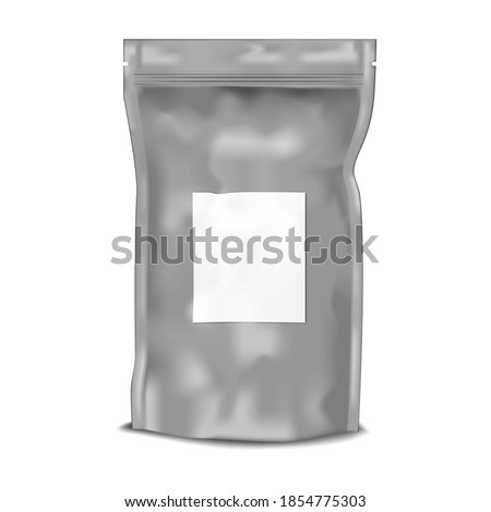 Crumpled vacuum standup ziplock pouch with white blank label sticker, vector mockup. Foil or plastic gussetted bag with zip lock closure and tear notches, mock-up. Template for design.