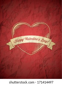 Crumpled vintage Valentines Day card with ribbon