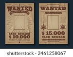 Crumpled wanted posters. Wild west vintage banner, empty space for photo, western style, Texas robber hunt retro message criminal flyer, dead or alive. Background paper texture. Vector set