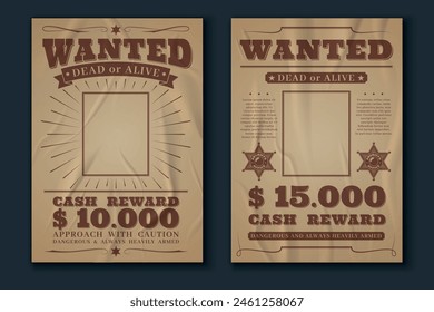 Crumpled wanted posters. Wild west vintage banner, empty space for photo, western style, Texas robber hunt retro message criminal flyer, dead or alive. Background paper texture. Vector set