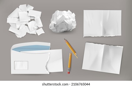 Crumpled wasted paper. Realistic torn paper sheet with ripped envelope and crinkled notes