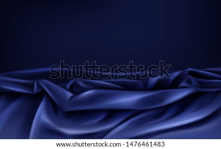 Crumpled and wavy, luxury blue or dark violet silk or satin fabric with wrinkles 3d realistic vector abstract background, copyspace. Gorgeous velvet texture, silky textile, elegant tissue illustration