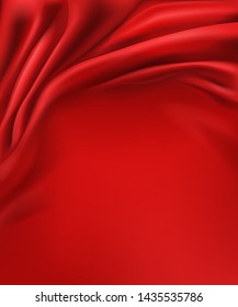 Crumpled and wavy, luxury red silk or satin fabric with smooth surface area 3d realistic vector abstract background with copy space. Delicate velvet texture, silky textile, elegant tissue illustration