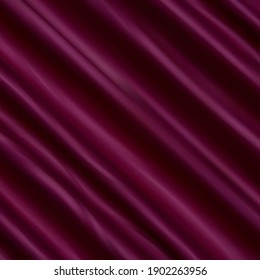 Crumpled and wavy, luxury red silk or satin fabric with smooth surface area 3d realistic vector abstract background with copy space. Delicate velvet texture, silky textile, elegant tissue illustration