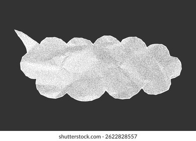 Crumpled white notebook speech bubble on dark background. Gritty dotted texture, jagged torn edges and halftone.