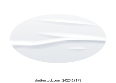 Crumpled white paper ellipse sticker vector illustration. Wrinkled glued label elliptical shape. Realistic isolated oval badge mock up.