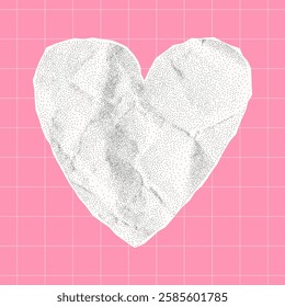 Crumpled white paper heart on pink checkered backdrop, gritty texture with jagged torn edges, halftone sticker, love and romance design element