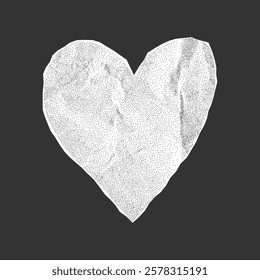 Crumpled white paper heart with rough torn edges, halftone sticker on a dark background, love and romance collage detail