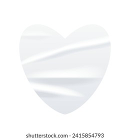 Crumpled white paper heart sticker vector illustration. Wrinkled glued label shape. Realistic isolated heart badge mock up.