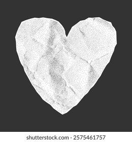 Crumpled white paper heart with uneven torn edges, gritty texture, halftone sticker on dark background, symbol of love in collage art
