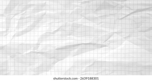 Crumpled white paper sheet with check grid lines overlay - wrinkled notebook page with mathematical graph squares, folded texture on checkered surface for school homework or office calculations.