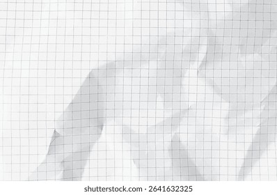 Crumpled white paper sheet with check grid lines overlay - wrinkled notebook page with mathematical graph squares, folded texture on checkered surface for school homework or office calculations.
