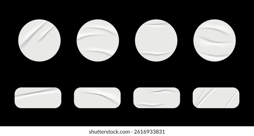 Crumpled white paper sticker set. Wrinkled glued labels different shapes and forms.