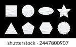 Crumpled white paper sticker vector illustration set. Wrinkled glued labels different shapes and forms. Realistic isolated round, circle, square, triangle, hexagon, star, pentagon, ellipse mockup.