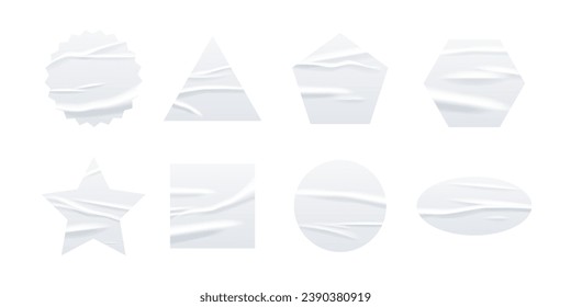 Conjunto de ilustraciones vectoriales de emoticones de papel blanco en bruto. Etiquetas con pegamento enrollado de diferentes formas y formas. Realista aislado redondo, círculo, cuadrado, triángulo, hexágono, estrella, pentágono, maqueta elipse.