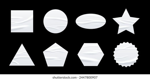 Crumpled white paper sticker vector illustration set. Wrinkled glued labels different shapes and forms. Realistic isolated round, circle, square, triangle, hexagon, star, pentagon, ellipse mockup.