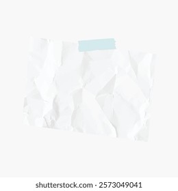 Crumpled white paper taped to a wall. Crumpled texture, white, blue tape. Simple, minimal design with crumpled paper. White paper focus.note isolated on white, vector.