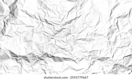 Crumpled white paper texture with intricate folds and shadows showing subtle variations in light and depth in a uniform background