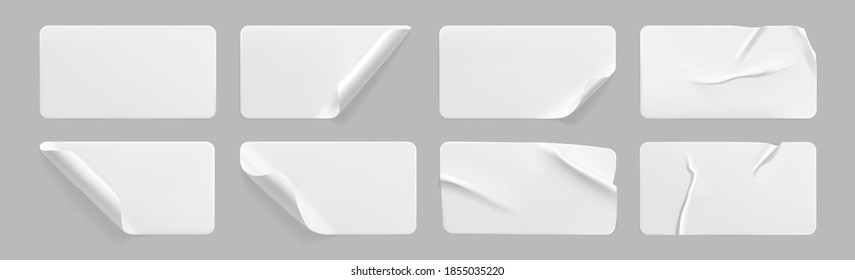 Crumpled white rectangle sticker label set isolated. Blank glued adhesive paper or plastic sticker with wrinkled effect and curled corners. Label tags template for door or wall. 3d realistic vector