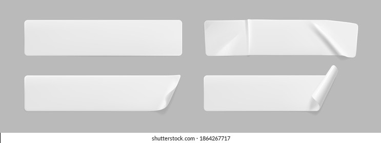 Crumpled white rectangle sticker label set isolated. Blank glued adhesive paper or plastic sticker with wrinkled effect and curled corners. Label tags template for door or wall. 3d realistic vector