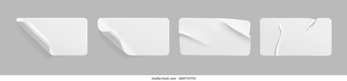 Crumpled white rectangle sticker label set isolated. Blank glued adhesive paper or plastic sticker with wrinkled effect and curled corners. Label tags template for door or wall. 3d realistic vector