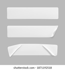 Crumpled white rectangle sticker label set isolated. Blank glued adhesive paper or plastic sticker with wrinkled effect and curled corners. Label tags template for door or wall. 3d realistic vector