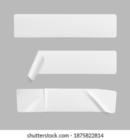 Crumpled white rectangle sticker label set isolated. Blank glued adhesive paper or plastic sticker with wrinkled effect and curled corners. Label tags template for door or wall. 3d realistic vector