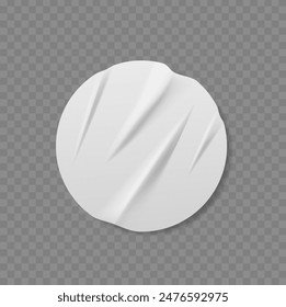 Crumpled White Round Sticker Isolated On Transparent Background. Realistic 3d Vector Circular Glued Patch Template