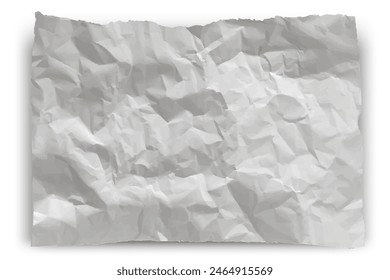 Crumpled white sheet of worn paper, vector template retro texture overlay.