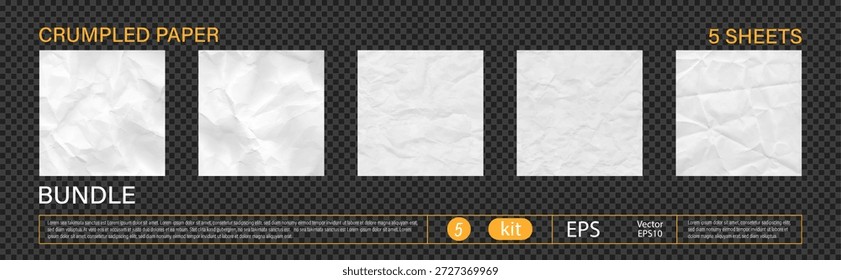 Gestrichene Textur aus weißem quadratischem Papierblatt. Falteneffekt Struktur Vektor Hintergrund Kit. Paket-Clipart für Poster, Memo, Dokumentendesigns oder Collage auf wie transparentem png bg